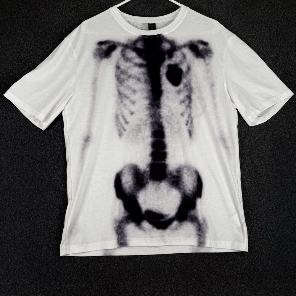 ROMWE Mens Small White X-Ray Skeleton Graphic T Shirt Anatomy Halloween Tee